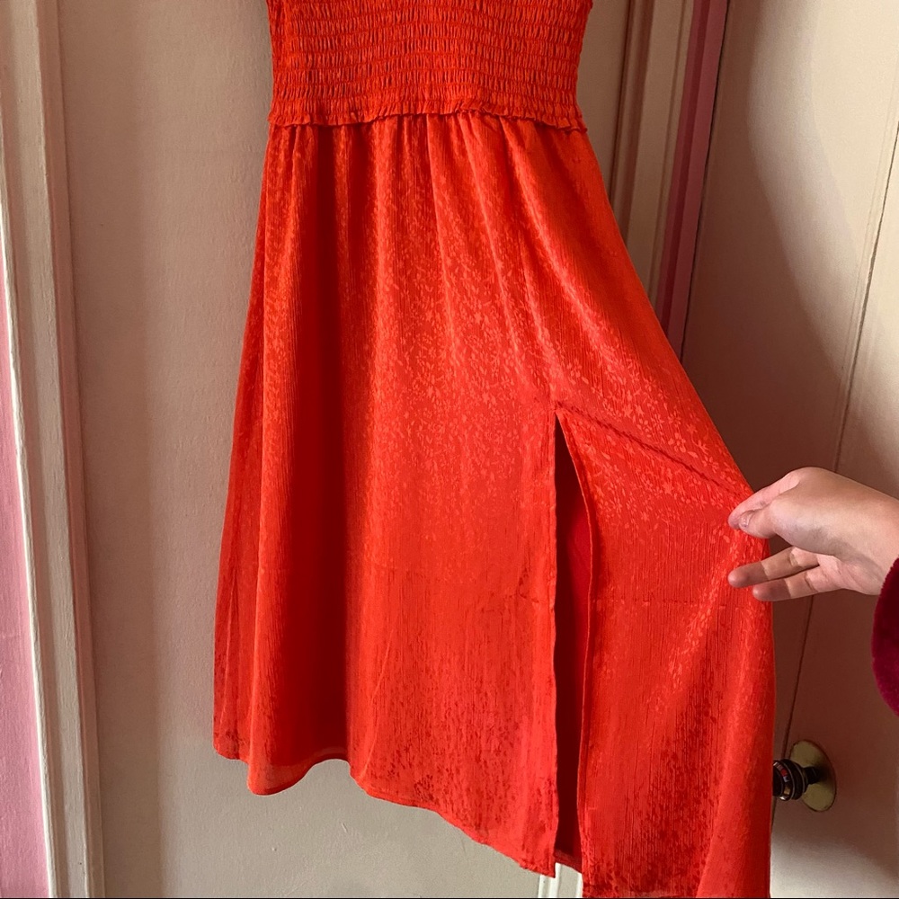 Leith Red Midi Dress w Floral Print, V-Neck, Ruffle Sleeves and Slit in Front - Picture 3 of 5